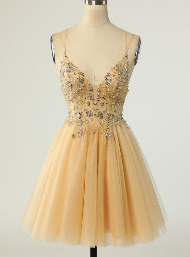 Gold Tulle Straps Beading Sequins Homecoming Dress