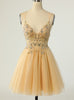 Gold Tulle Straps Beading Sequins Homecoming Dress
