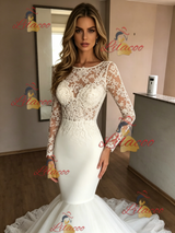 White Mermaid Tulle Lace Long Sleeve Wedding Dres