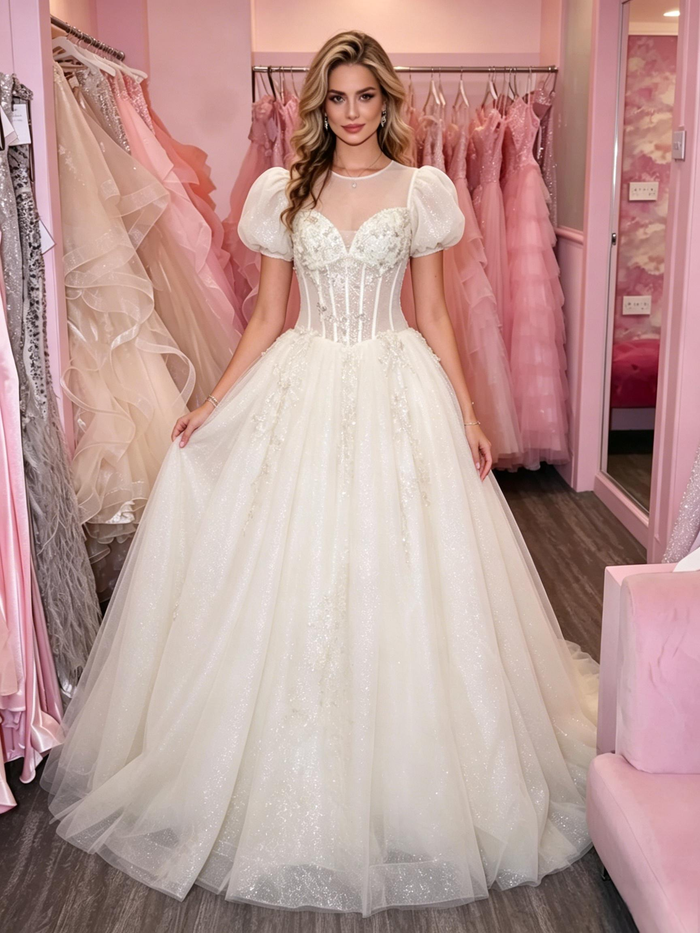 Apricot Tulle Puff Sleeve Appliques Prom Dress