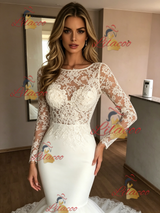 White Mermaid Tulle Lace Long Sleeve Wedding Dres