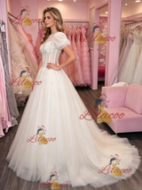 Apricot Tulle Puff Sleeve Appliques Prom Dress