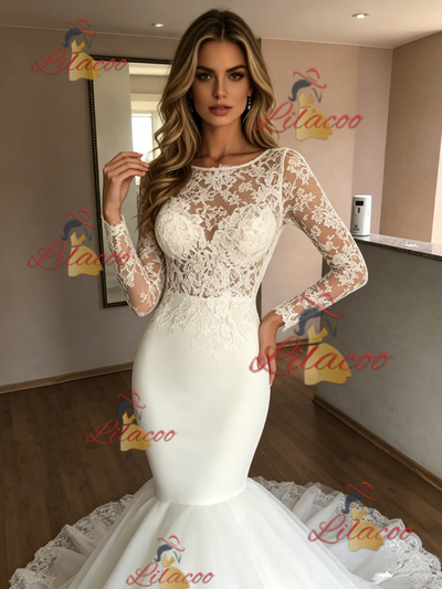 White Mermaid Tulle Lace Long Sleeve Wedding Dres