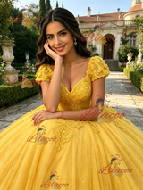 Yellow Tulle V-neck Cap Sleeve Appliques Quinceanera Dress