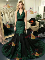 Black Mermaid Tulle Straps Lace Prom Dress