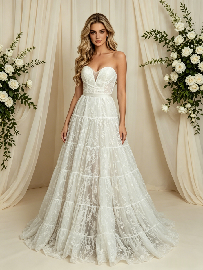 White Lace Strapless Wedding Dress