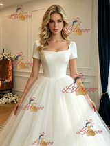 Beige White Tulle Square Neck Short Sleeve Wedding Dress