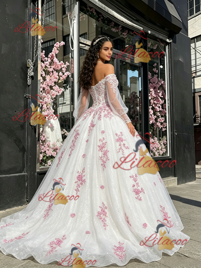 White Tulle Long Sleeve Appliques Quinceanera Dress