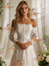 White Tulle Lace Long Sleeve Wedding Dress