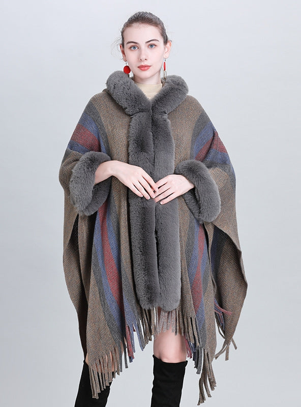 Colored Striped Fur Collar Fringed Shawl Cloak