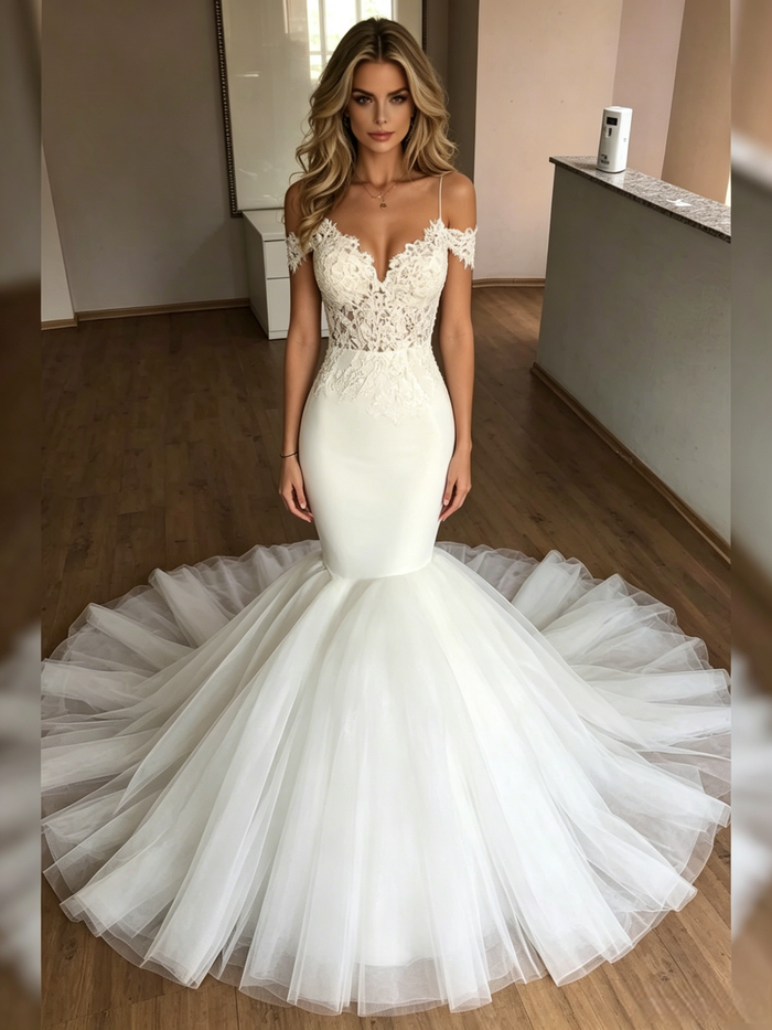 White Mermaid Tulle Spaghetti Straps Lace Wedding Dress