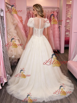 Apricot Tulle Puff Sleeve Appliques Prom Dress