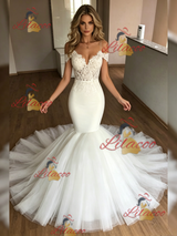 White Mermaid Tulle Spaghetti Straps Lace Wedding Dress