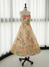 Champagne Tulle Embroidery Tea Length Prom Dress