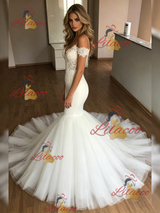 White Mermaid Tulle Spaghetti Straps Lace Wedding Dress