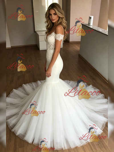 White Mermaid Tulle Spaghetti Straps Lace Wedding Dress