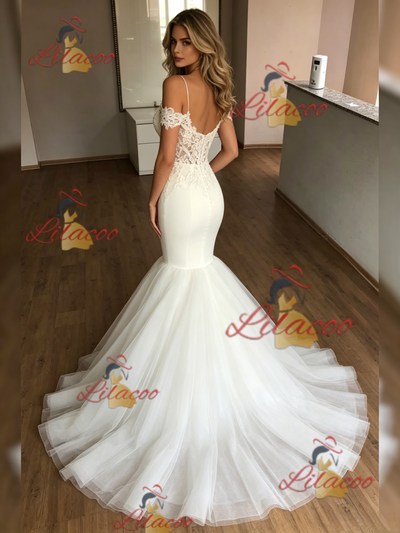 White Mermaid Tulle Spaghetti Straps Lace Wedding Dress