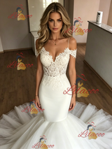 White Mermaid Tulle Spaghetti Straps Lace Wedding Dress