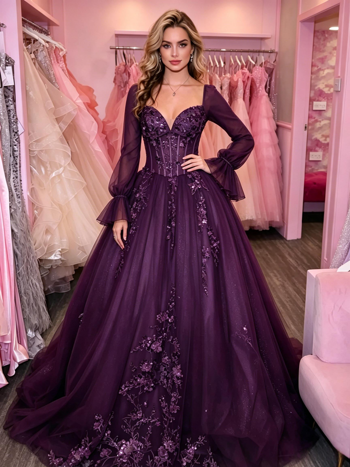 Dark Purple Tulle Long Sleeve Appliques Prom Dress