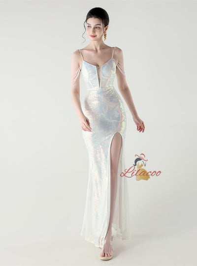 Mermaid Sequins Spaghetti Straps Split Beading Prom Dress