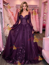 Dark Purple Tulle Long Sleeve Appliques Prom Dress