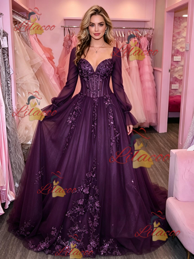 Dark Purple Tulle Long Sleeve Appliques Prom Dress