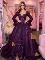 Dark Purple Tulle Long Sleeve Appliques Prom Dress