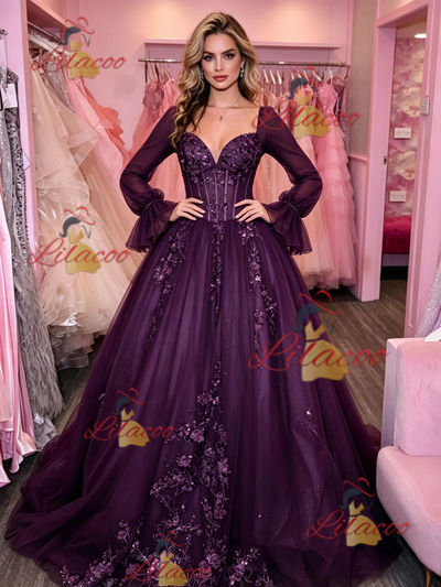 Dark Purple Tulle Long Sleeve Appliques Prom Dress