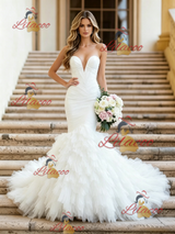 White Mermaid Tulle Strapless Pleats Wedding Dress