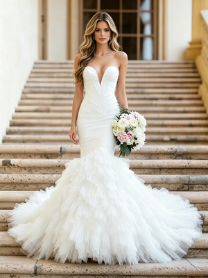 White Mermaid Tulle Strapless Pleats Wedding Dress