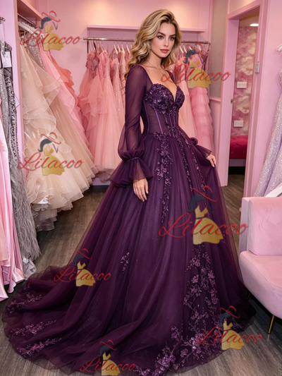 Dark Purple Tulle Long Sleeve Appliques Prom Dress