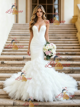 White Mermaid Tulle Strapless Pleats Wedding Dress