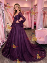 Dark Purple Tulle Long Sleeve Appliques Prom Dress