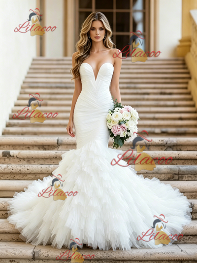 White Mermaid Tulle Strapless Pleats Wedding Dress
