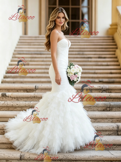 White Mermaid Tulle Strapless Pleats Wedding Dress
