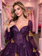 Dark Purple Tulle Long Sleeve Appliques Prom Dress