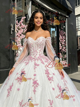 White Tulle Long Sleeve Appliques Quinceanera Dress