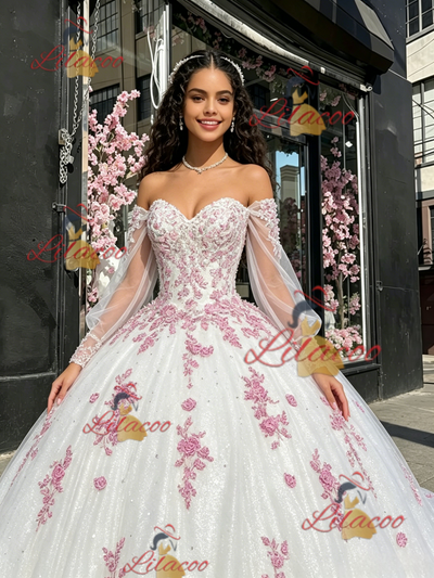 White Tulle Long Sleeve Appliques Quinceanera Dress