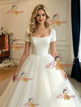 Beige White Tulle Square Neck Short Sleeve Wedding Dress