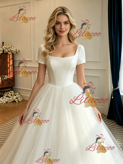 Beige White Tulle Square Neck Short Sleeve Wedding Dress