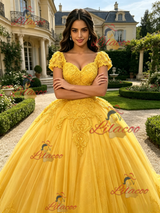 Yellow Tulle V-neck Cap Sleeve Appliques Quinceanera Dress