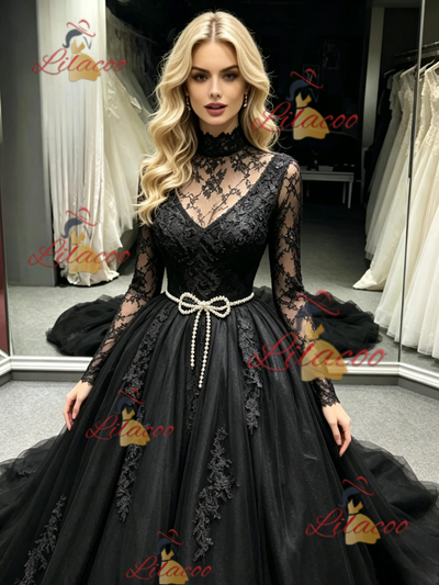 Black Tulle Long Sleeve Appliques Prom Dress