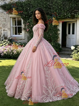 Pink Tulle Off the Shoulder Long Sleeve Quinceanera Dress