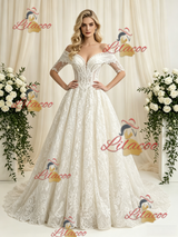 Vintage Lace Short Sleeve Beading Wedding Dress