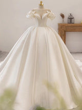 Ivory Satin Off the Shoulder Pleats Wedding Dress