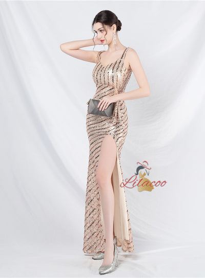 Mermaid Sequins Straps Split Prom Dress