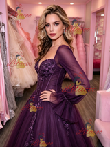 Dark Purple Tulle Long Sleeve Appliques Prom Dress