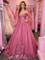 Fuchsia Tulle Long Sleeve Appliques Prom Dress