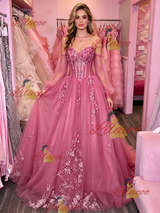 Fuchsia Tulle Long Sleeve Appliques Prom Dress
