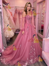 Fuchsia Tulle Long Sleeve Appliques Prom Dress
